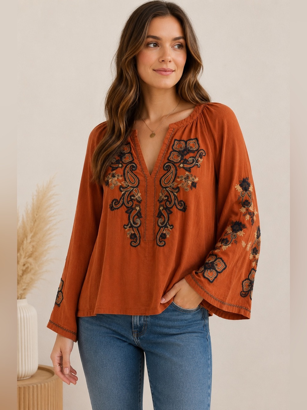 Banana Republic Peasant Blouse Women Small Orange Embroidered Boho Cotton Blend